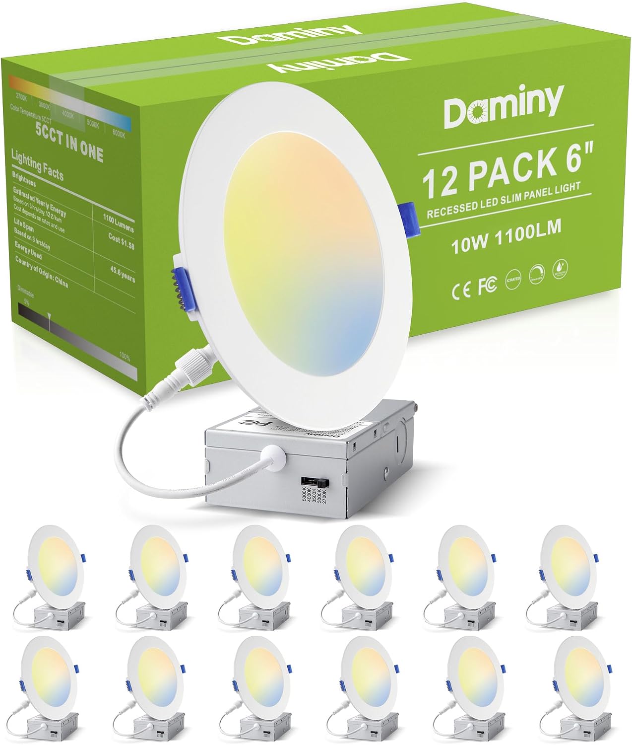 DAMINY 12 Pack 6 Inch LED Recessed Lighting with Junction Box,5CCT,Ultra-Thin Recessed Light,10W 1100LM, Dimmable Canless Wafer Ceiling Light, High Brightness DAMINY 12 Pack 6 Inch LED Recessed Lighting with Junction Box,5CCT,Ultra-Thin Recessed Light,10W 1100LM, Dimmable Canless Wafer Ceiling Light, High Brightness