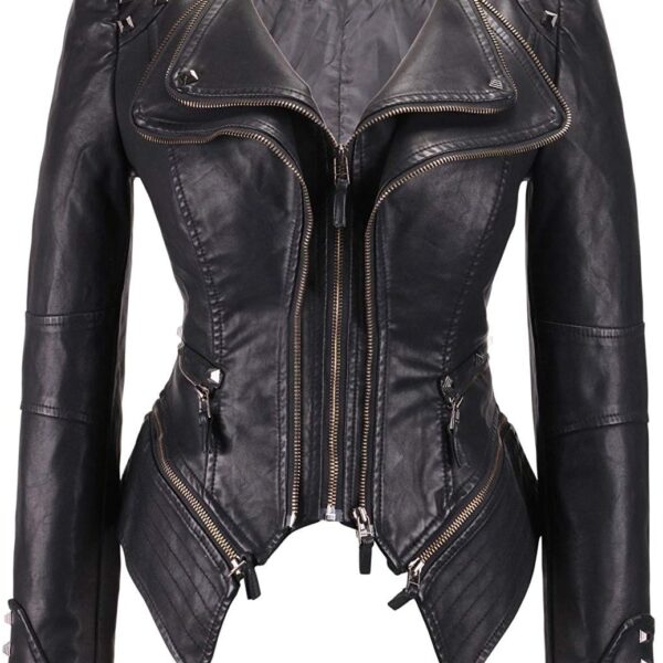 chouyatou Women's Fashion Studded Perfectly Shaping Faux Leather Biker Jacket