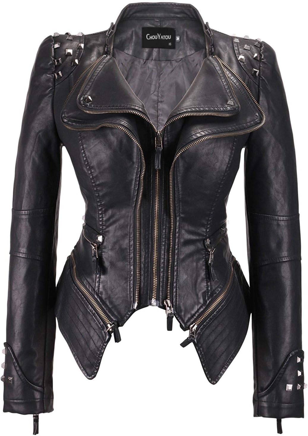 chouyatou Women's Fashion Studded Perfectly Shaping Faux Leather Biker Jacket chouyatou Women's Fashion Studded Perfectly Shaping Faux Leather Biker Jacket
