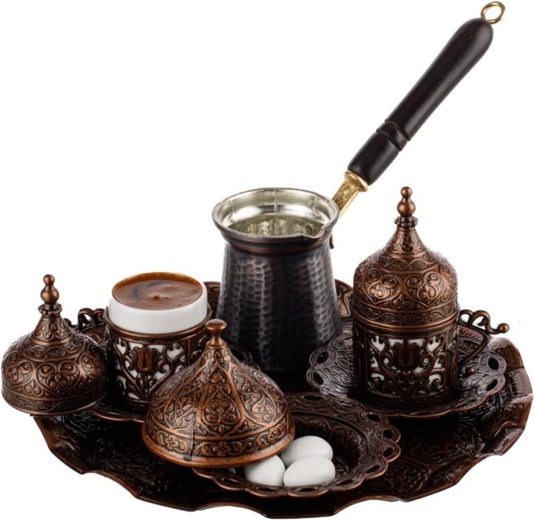 DEMMEX Turkish Greek Arabic Coffee Making and Serving Full Set with Cups Saucers Lids Sugar Bowl Tray and Copper Coffee Pot, 12 Pcs