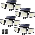Tuffenough Solar Outdoor Lights 2500LM 210 LED Security Lights with Remote Control,3 Heads Motion Sensor Lights, IP65 Waterproof,270 Wide Angle Flood Wall Lights with 3 Modes(4 Pack)