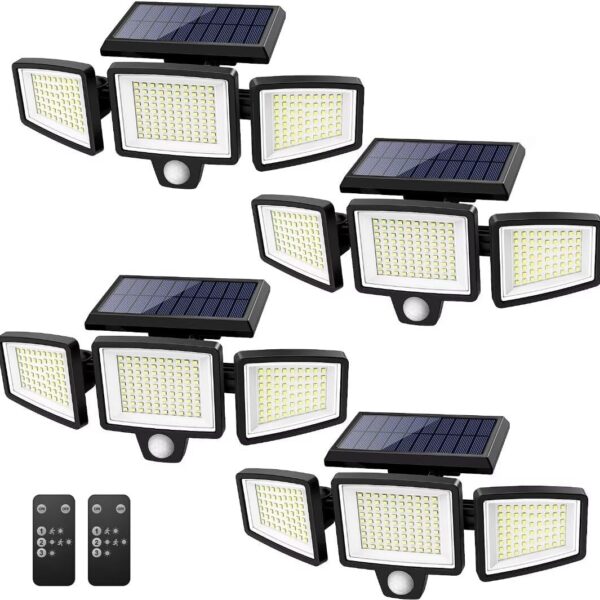 Tuffenough Solar Outdoor Lights 2500LM 210 LED Security Lights with Remote Control,3 Heads Motion Sensor Lights, IP65 Waterproof,270 Wide Angle Flood Wall Lights with 3 Modes(4 Pack)
