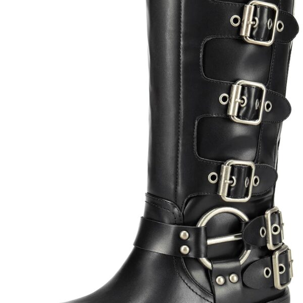 DREAM PAIRS Women's Knee High Riding Boots Side Zipper Motorcycle Boots Square Toe Chunky Heel Fashion Buckles Biker Boots