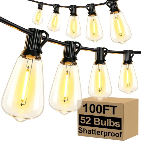 Brightever LED Outdoor String Lights 100FT Patio Lights with 52 Shatterproof ST38 Vintage Edison Bulbs, Outside Hanging Light Waterproof for Porch, Deck, Garden, Backyard, Balcony, 2700K Dimmable