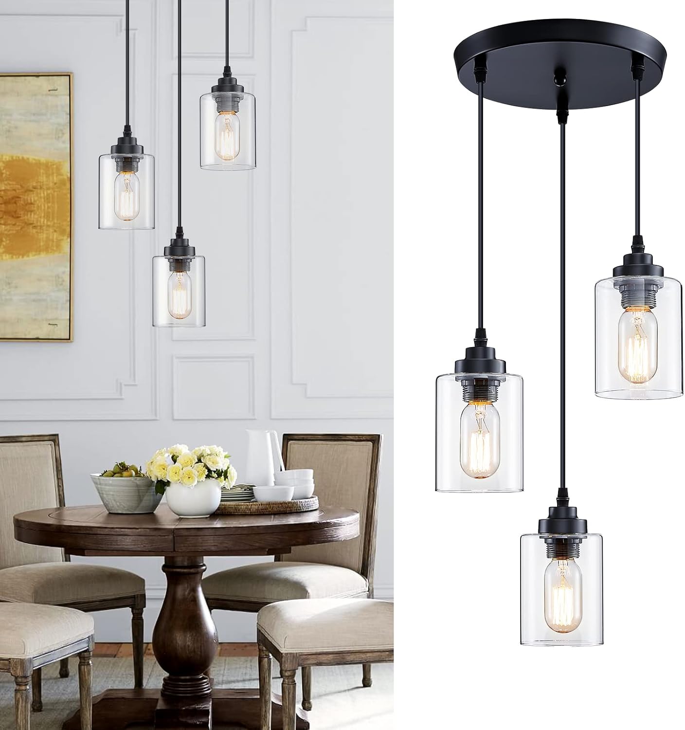 SKEJAO 3-Light Pendant Lighting,3 Pendant Light Fixture for Kitchen Island,Dining Lamp Ceiling Hanging,with Adjustable Cord and Glass Shade for Farmhouse Living Dining Room Bar,Black SKEJAO 3-Light Pendant Lighting,3 Pendant Light Fixture for Kitchen Island,Dining Lamp Ceiling Hanging,with Adjustable Cord and Glass Shade for Farmhouse Living Dining Room Bar,Black