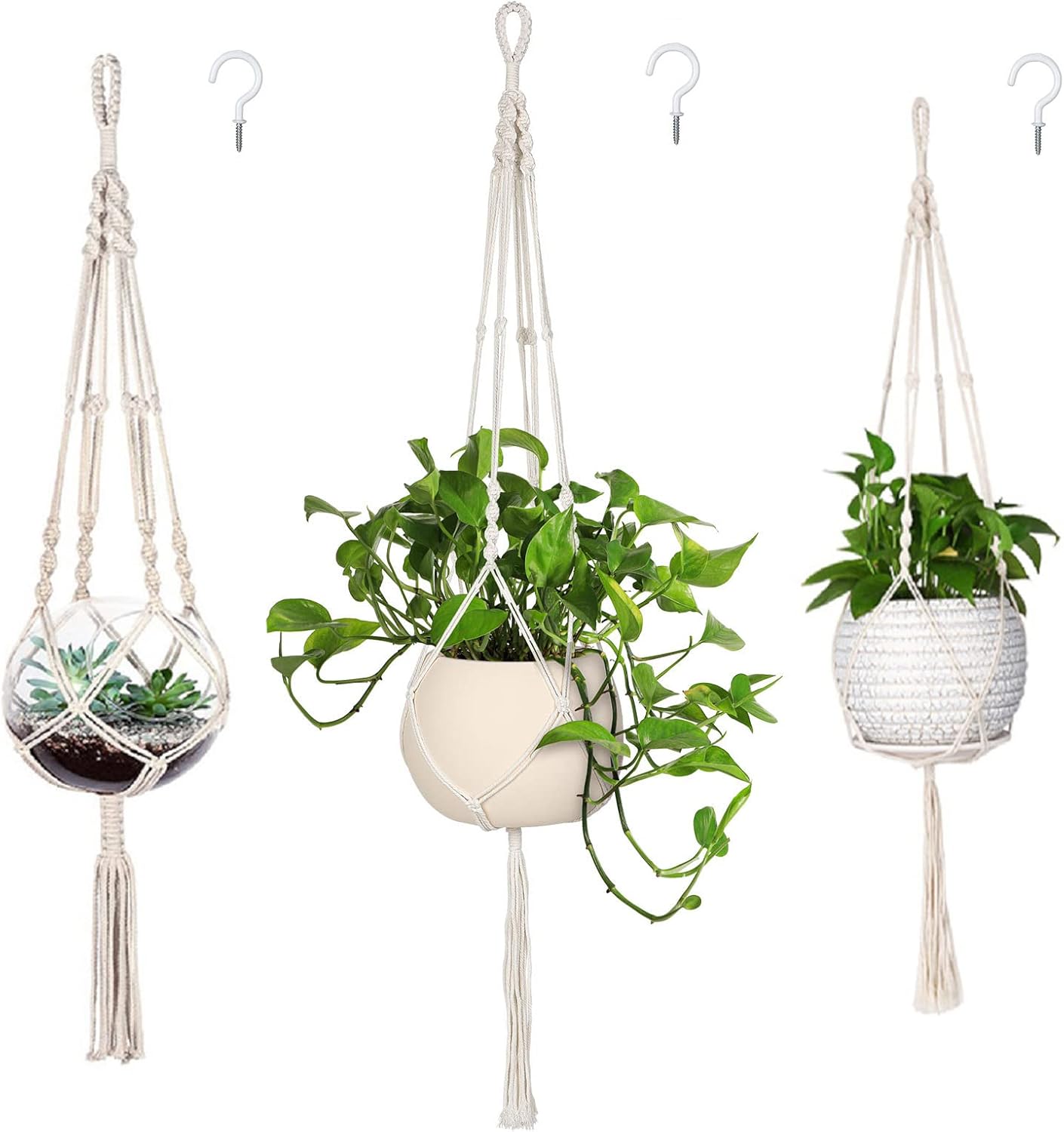 MIPON 3 Pack Macrame Plant Hangers with Hooks - 3 Sizes (34"/41"/46") Handmade Cotton Indoor/Outdoor Hanging Planter Holders,Boho Home Decor for Patio Balcony Living Room, Fits 5-10 Inch Pots MIPON 3 Pack Macrame Plant Hangers with Hooks - 3 Sizes (34"/41"/46") Handmade Cotton Indoor/Outdoor Hanging Planter Holders,Boho Home Decor for Patio Balcony Living Room, Fits 5-10 Inch Pots