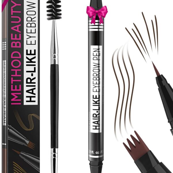 iMethod Eyebrow Pen - Eyebrow Pencil Magical 2-in-1 Eye Brow Pencils for Women with 4-Fork-Tip & Precise Brush-Tip for Natural Hair-Like Brows, Last All-Day, with Eyebrow Spoolie Brush, Dark Brown