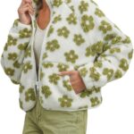 chouyatou Women's Fall Winter Casual Cute Floral Fleece Jacket Fuzzy Zip Up Sherpa Jacket Faux Fur Coat