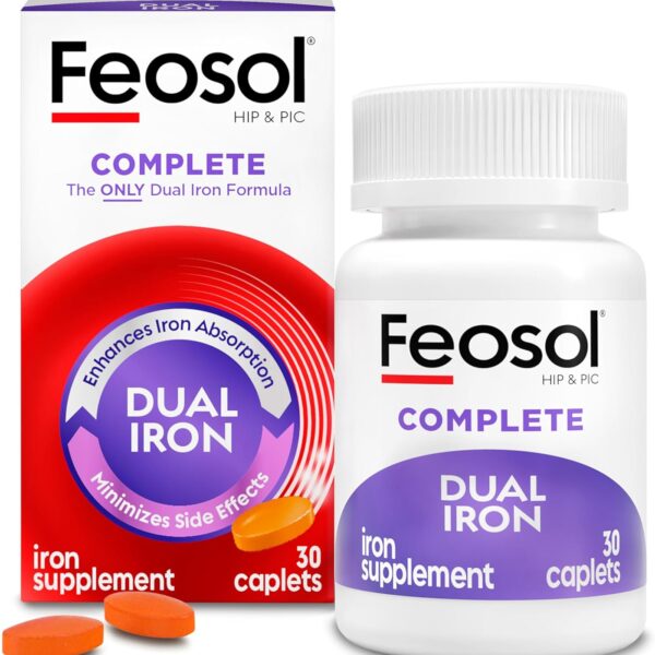 Feosol Complete Iron Supplement Caplets, Bifera Iron for High Absorption, Heme and Non-Heme Dual Action Minimizes Side Effects, 1 Per Day, for Energy and Immune System Support, Made in USA, 30 Count