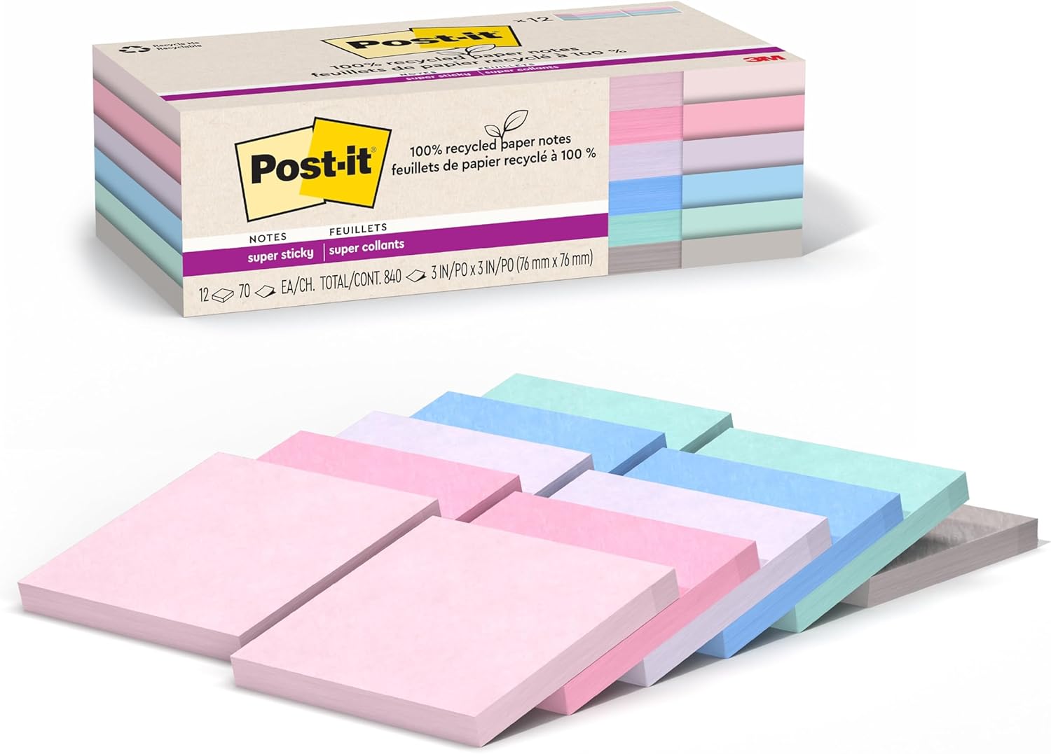 Post-it 100% Recycled Paper Super Sticky Notes, 3 in. x 3 in., 12 Pads, 70 Sheets per Pad, Wanderlust Pastels, School Supplies and Office Products Post-it 100% Recycled Paper Super Sticky Notes, 3 in. x 3 in., 12 Pads, 70 Sheets per Pad, Wanderlust Pastels, School Supplies and Office Products