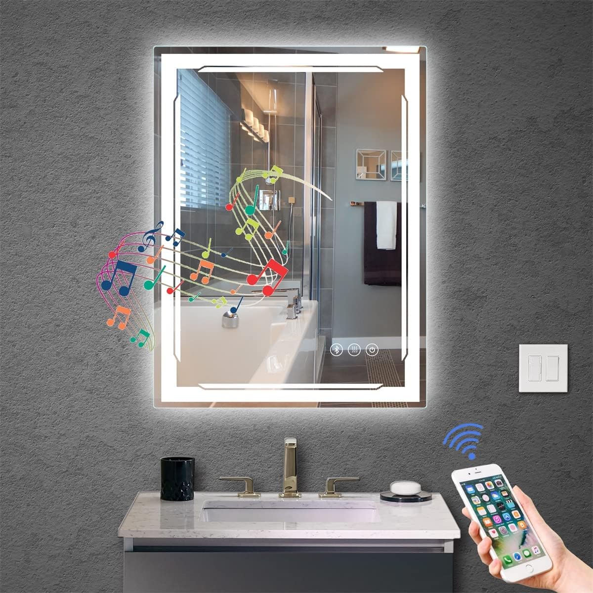 24''X32'' LED Bathroom Mirror with Lights, Built-in Bluetooth Speaker, Anti-Fog Dimmable 3 Lights Setting Backlit + Front Lit, Lighted Vanity Makeup Wall Mirrors, Shatter-Proof IP65 Waterproof 24''X32'' LED Bathroom Mirror with Lights, Built-in Bluetooth Speaker, Anti-Fog Dimmable 3 Lights Setting Backlit + Front Lit, Lighted Vanity Makeup Wall Mirrors, Shatter-Proof IP65 Waterproof