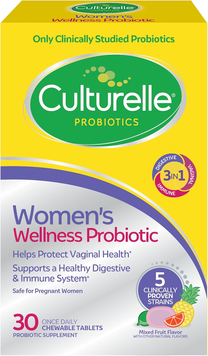 Culturelle Womens Wellness, Daily Chewable Probiotics for Women - Supports Digestive, Vaginal and Immune Health, Occasional Diarrhea, Gas & Bloating - Non-GMO - 30 Count Culturelle Womens Wellness, Daily Chewable Probiotics for Women - Supports Digestive, Vaginal and Immune Health, Occasional Diarrhea, Gas & Bloating - Non-GMO - 30 Count