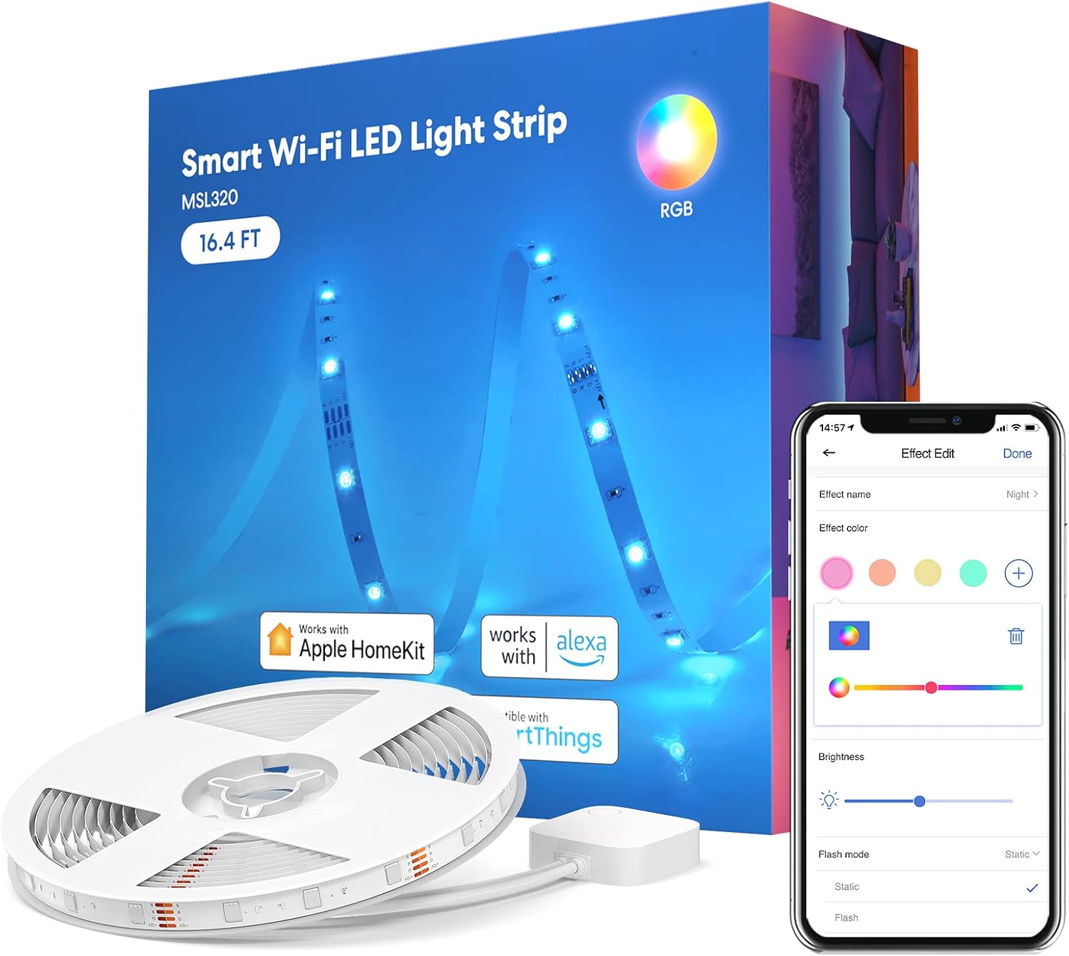 Meross Smart LED Strip Lights, 16.4ft WiFi Strip Work with Apple HomeKit, Alexa, Google Home, and SmartThings, 16 Million Colors with App Control and RGB LED Lights for Bedroom, Living Room, Kitchen Meross Smart LED Strip Lights, 16.4ft WiFi Strip Work with Apple HomeKit, Alexa, Google Home, and SmartThings, 16 Million Colors with App Control and RGB LED Lights for Bedroom, Living Room, Kitchen
