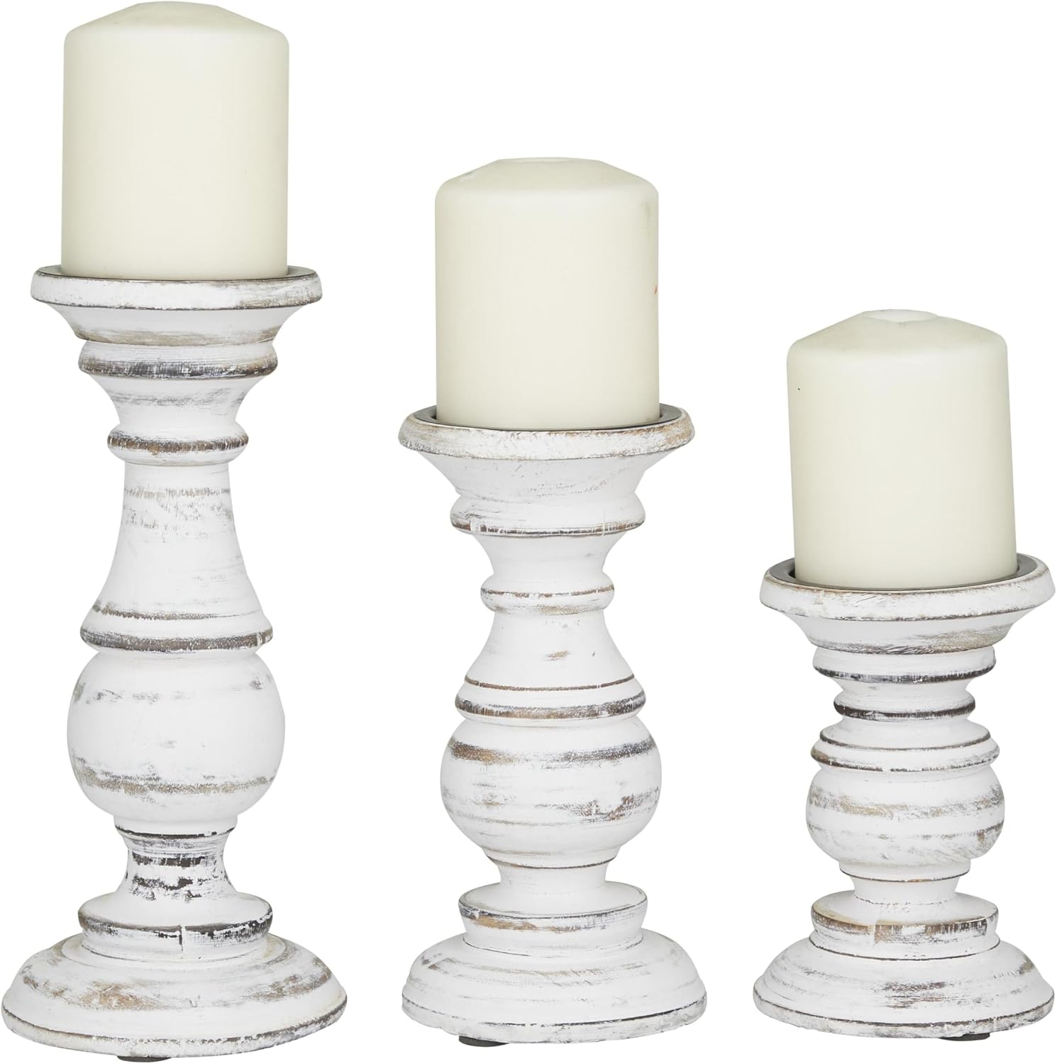 Deco 79 Mango Wood Decorative Candle Holder Turned Style Pillar Candle Stand, Set of 3 Candlestick Holder 10", 8", 6H, White Deco 79 Mango Wood Decorative Candle Holder Turned Style Pillar Candle Stand, Set of 3 Candlestick Holder 10", 8", 6H, White