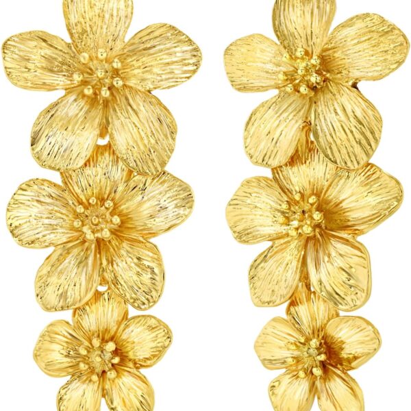 18K Gold Plated Large Chunky Flower Statement Earrings for Women by SNGIA, Summer Beach Floral Handmade Drop Jewelry, Maximalist Wedding Date Birthday Gift, Bold Exaggerated Textured Dangle Trendy Ribbed Jewelry, 18K Gold Plated Chandelier Fashion Accessories, Vintage Hammered Thick Nickle Free Gifts.