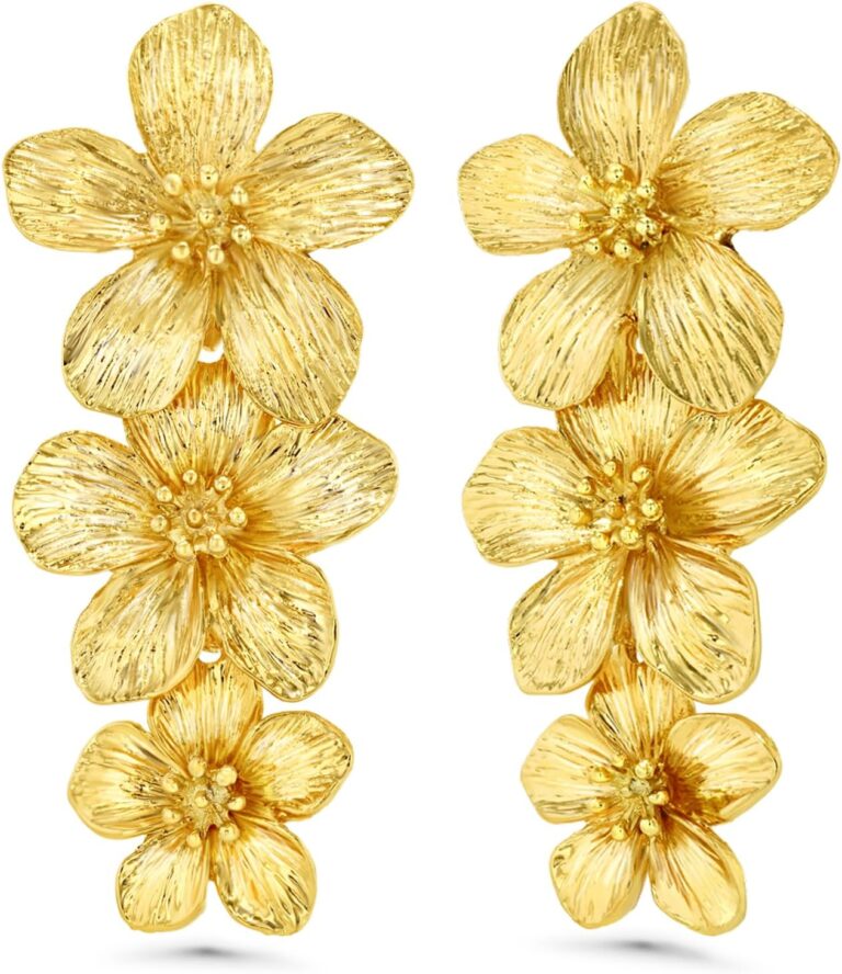 18K Gold Plated Large Chunky Flower Statement Earrings for Women by SNGIA, Summer Beach Floral Handmade Drop Jewelry, Maximalist Wedding Date Birthday Gift, Bold Exaggerated Textured Dangle Trendy Ribbed Jewelry, 18K Gold Plated Chandelier Fashion Accessories, Vintage Hammered Thick Nickle Free Gifts.