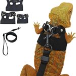 3 Pack Bearded Dragon Harness and Leash Set - Adjustable Soft Leather Lizard Harness Leash Small Animal Traction Rope Training Walking Vest Accessories for Reptile Squirrel Rat (Black)