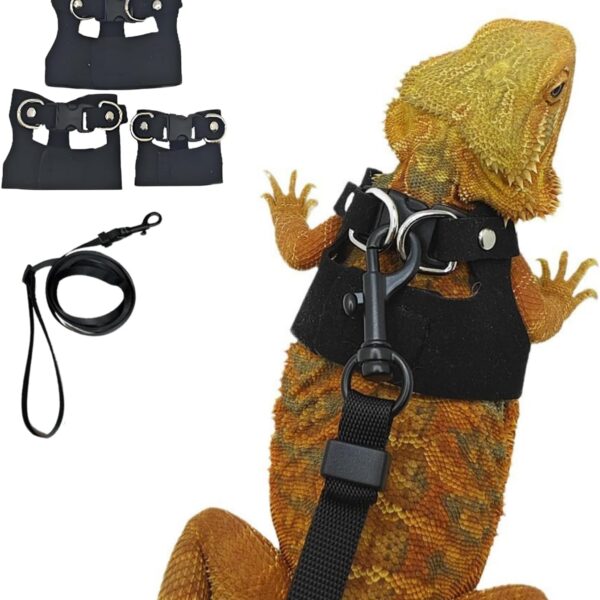 3 Pack Bearded Dragon Harness and Leash Set - Adjustable Soft Leather Lizard Harness Leash Small Animal Traction Rope Training Walking Vest Accessories for Reptile Squirrel Rat (Black)