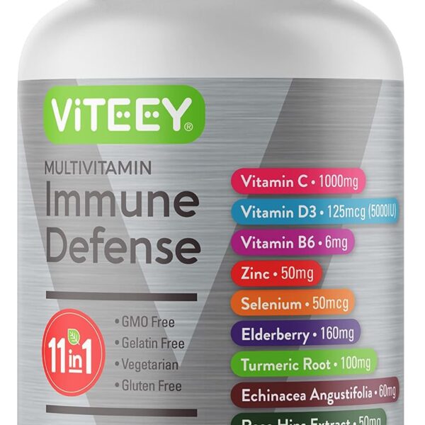 Viteey 11 in 1 Immune Support Supplement - Immune Defense with Vitamin D3, B6, Echinacea, Turmeric, Rose-HIPS, Selenium, BioPerine, Ginger, Elderberry Vitamin C and Zinc - 60 Count