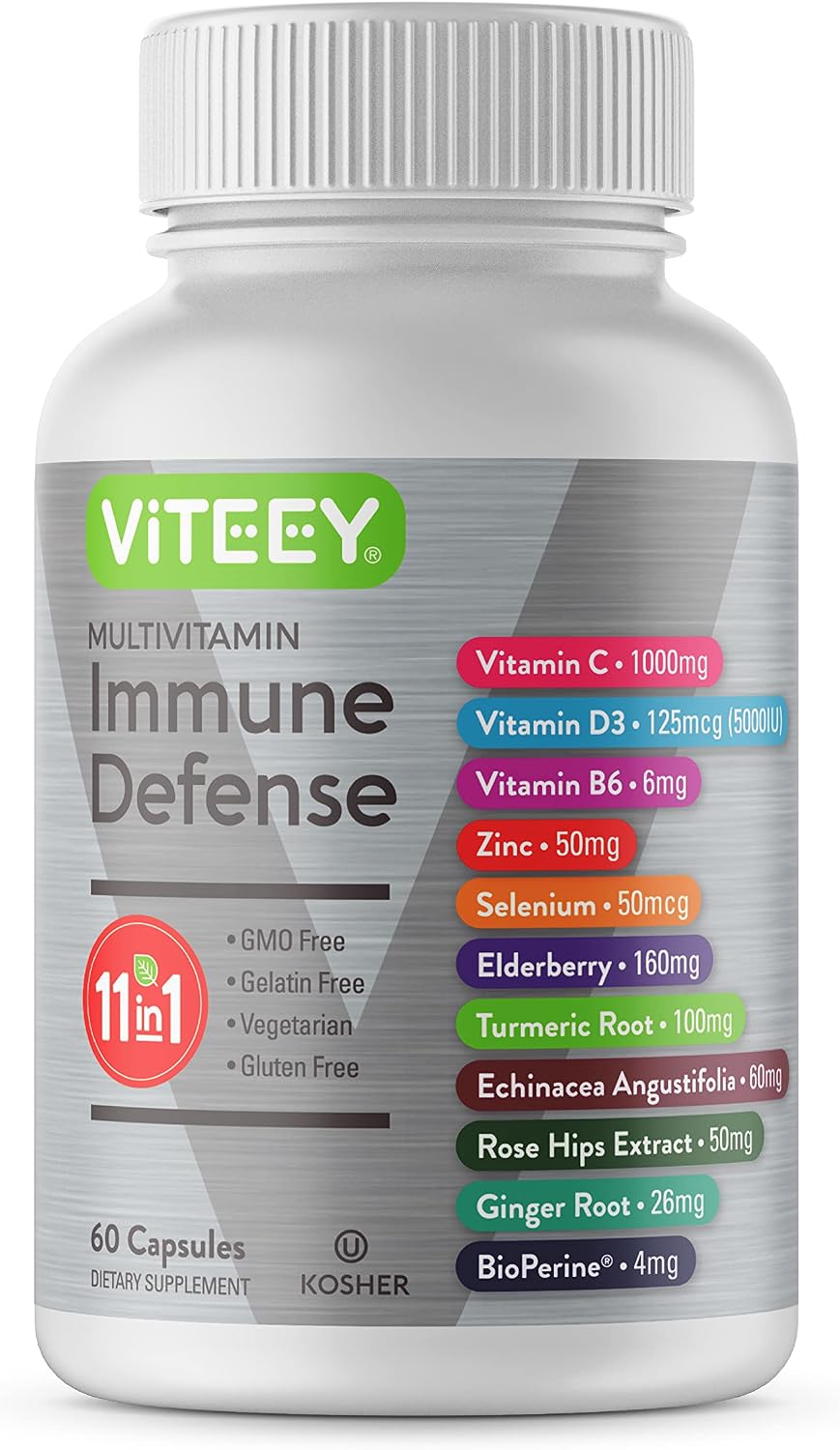 Viteey 11 in 1 Immune Support Supplement - Immune Defense with Vitamin D3, B6, Echinacea, Turmeric, Rose-HIPS, Selenium, BioPerine, Ginger, Elderberry Vitamin C and Zinc - 60 Count Viteey 11 in 1 Immune Support Supplement - Immune Defense with Vitamin D3, B6, Echinacea, Turmeric, Rose-HIPS, Selenium, BioPerine, Ginger, Elderberry Vitamin C and Zinc - 60 Count
