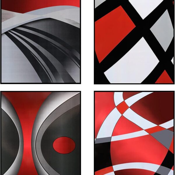 Outus 4 Pcs No Framed Modern Multi Colors Abstract Wall Art 8 x 10 Inch Red Silver and Black Minimalist Block Line Abstract Art Prints Paper for Wall Living Dining Room