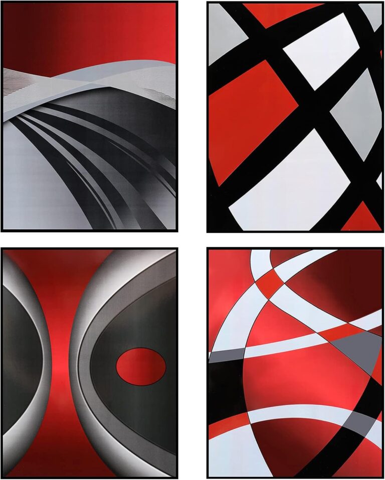 Outus 4 Pcs No Framed Modern Multi Colors Abstract Wall Art 8 x 10 Inch Red Silver and Black Minimalist Block Line Abstract Art Prints Paper for Wall Living Dining Room