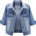 Locachy Womens 3/4 Sleeve Short Denim Jacket Lapel Button Down Cropped Trucker Jean Jackets Coats