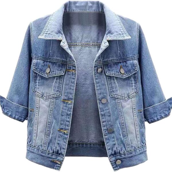 Locachy Womens 3/4 Sleeve Short Denim Jacket Lapel Button Down Cropped Trucker Jean Jackets Coats