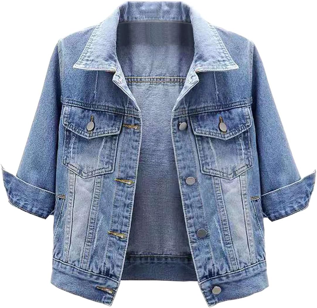 Locachy Womens 3/4 Sleeve Short Denim Jacket Lapel Button Down Cropped Trucker Jean Jackets Coats Locachy Womens 3/4 Sleeve Short Denim Jacket Lapel Button Down Cropped Trucker Jean Jackets Coats