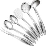 Berglander Stainless Steel Kitchen Utensils Set 6 Pcs, Cooking Utensil Sets, Kitchen Gadgets Essentials Include Metal Spatula Set, Skimmer, Ladle, Serving Spoon, Slotted Spoon, Carving Fork