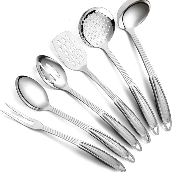 Berglander Stainless Steel Kitchen Utensils Set 6 Pcs, Cooking Utensil Sets, Kitchen Gadgets Essentials Include Metal Spatula Set, Skimmer, Ladle, Serving Spoon, Slotted Spoon, Carving Fork