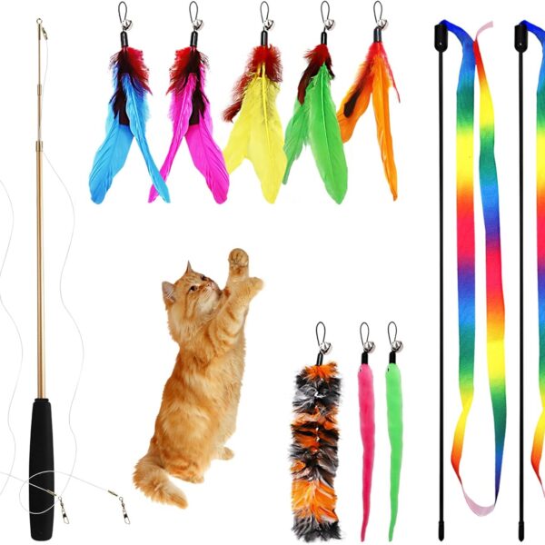 12PCS Interactive Kitten Toys, Retractable Indoor Cat Wand Toys with Replacement Teaser, Rainbow Ribbon and Make Exercise by Sunshinetop