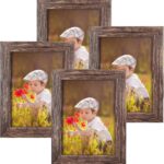 Q.Hou 5x7 Picture Frame Wood Pattern Rustic Brown Photo Frames Packs 4 with High Definition Plexiglass for Tabletop or Wall Decor (QH-PF5X7-BR)