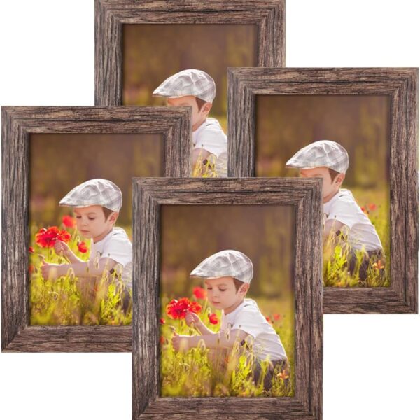Q.Hou 5x7 Picture Frame Wood Pattern Rustic Brown Photo Frames Packs 4 with High Definition Plexiglass for Tabletop or Wall Decor (QH-PF5X7-BR)