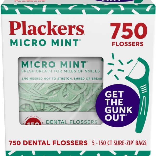 Plackers Micro Mint Dental Flossers, Fold-Out Toothpick, Super Tuffloss, Easy Storage with Sure-Zip Seal, Fresh Mint Flavor, 750 Count (Pack of 5)