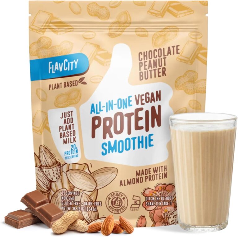 FlavCity Vegan Almond Protein Shake Powder, Chocolate Peanut Butter + Reishi & Cordyceps Mushrooms - Focus, Skin, Hair & Joint Support - All in One Smoothie for On-the Go, 20 Servings