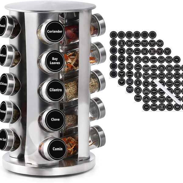 DOUBLE 2 C Revolving Spice Rack with 20 Jars, Rotating Spice Rack Organizer, Seasoning Organizer with Labels, Stainless Steel Spice Carousel for Kitchen Countertop, Cabinet