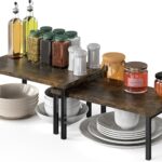 Simple Houseware Expandable Stackable Cabinet and Counter Shelf Organizer with Wooden Surface, 7.6'' D x 11.75'' W x 6.1'' H, Rustic Brown