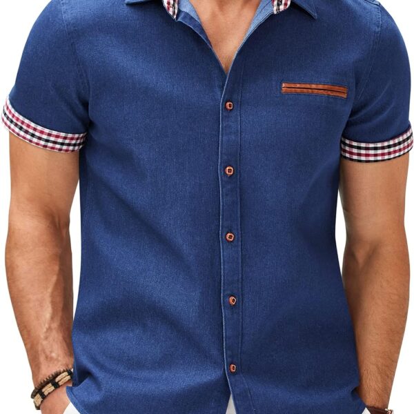 COOFANDY Men's Cotton Casual Short Sleeve Button Down Shirt Plaid Collar Denim Work Shirts