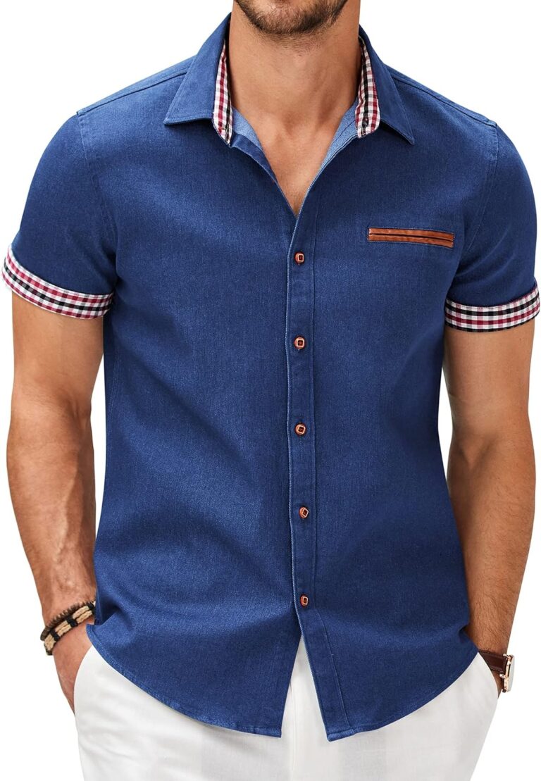 COOFANDY Men's Cotton Casual Short Sleeve Button Down Shirt Plaid Collar Denim Work Shirts