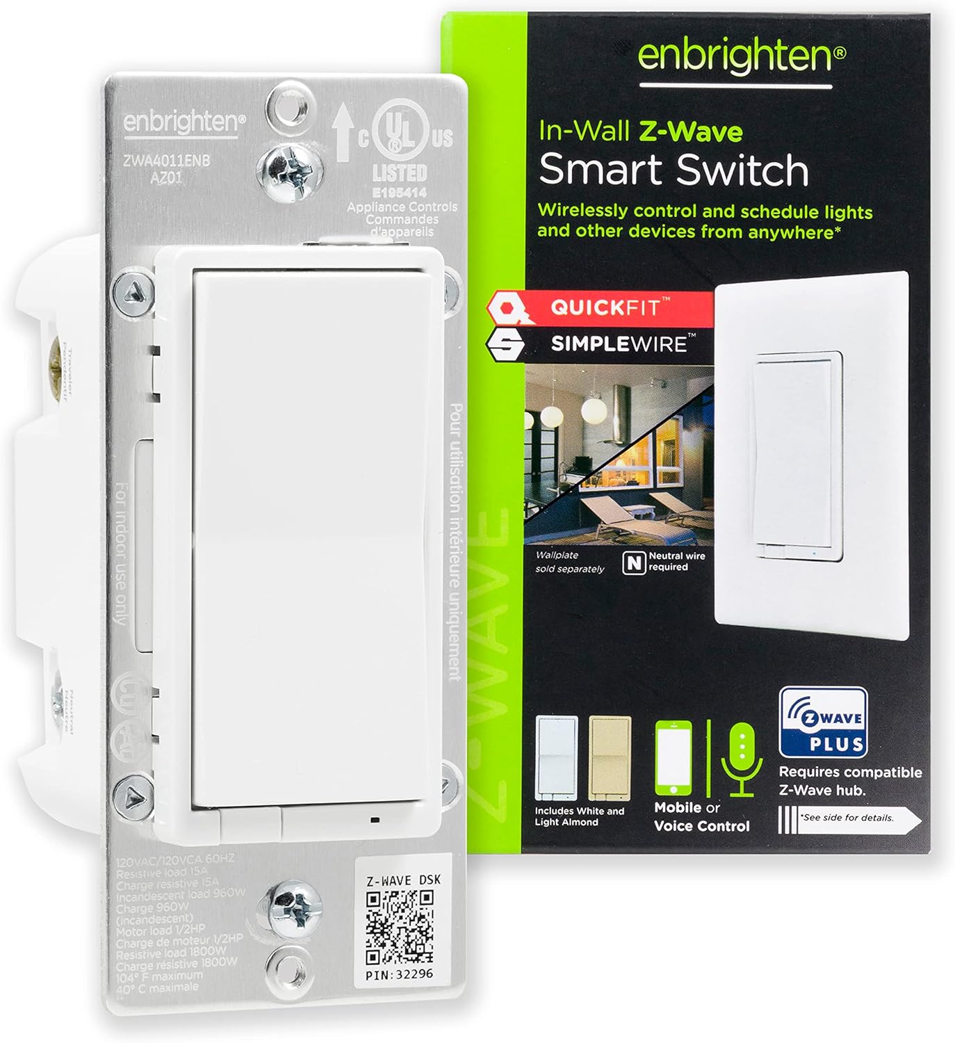 Enbrighten Z-Wave In-Wall Smart Light Switch with QuickFit and SimpleWire, Works with Google Assistant, Alexa, & SmartThings, Z-Wave Hub Required, Smart Home, 700 Series, 58433 Enbrighten Z-Wave In-Wall Smart Light Switch with QuickFit and SimpleWire, Works with Google Assistant, Alexa, & SmartThings, Z-Wave Hub Required, Smart Home, 700 Series, 58433