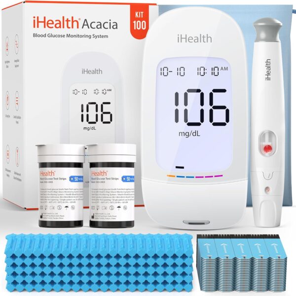 iHealth Acacia Blood Glucose Monitor Kit, 100 Glucometer Strips, 100 Lancets, 1 Blood Sugar Monitor, 1 Lancing Device, 1 Travel Bag, No Coding, Portable Blood Sugar Testing Kit, For People with Diabetes