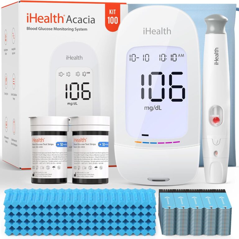 iHealth Acacia Blood Glucose Monitor Kit, 100 Glucometer Strips, 100 Lancets, 1 Blood Sugar Monitor, 1 Lancing Device, 1 Travel Bag, No Coding, Portable Blood Sugar Testing Kit, For People with Diabetes