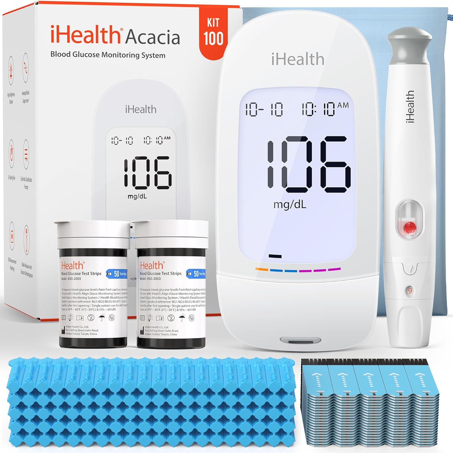 iHealth Acacia Blood Glucose Monitor Kit, 100 Glucometer Strips, 100 Lancets, 1 Blood Sugar Monitor, 1 Lancing Device, 1 Travel Bag, No Coding, Portable Blood Sugar Testing Kit, For People with Diabetes iHealth Acacia Blood Glucose Monitor Kit, 100 Glucometer Strips, 100 Lancets, 1 Blood Sugar Monitor, 1 Lancing Device, 1 Travel Bag, No Coding, Portable Blood Sugar Testing Kit, For People with Diabetes