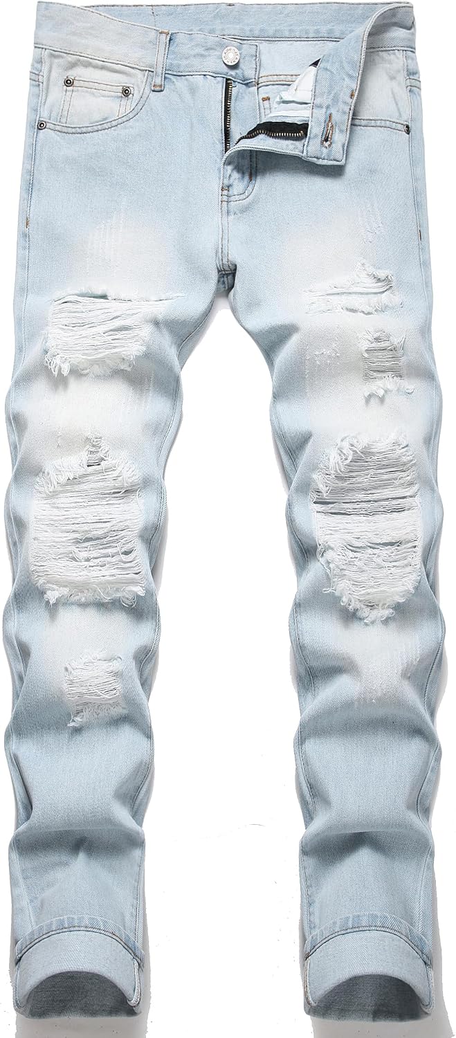 OIIIO Men's Ripped Slim Fit Straight Leg Jean Denim Pant OIIIO Men's Ripped Slim Fit Straight Leg Jean Denim Pant