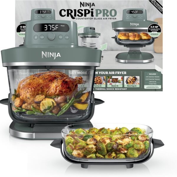 Ninja Crispi Pro 6-in-1 Glass Air Fryer | With Nontoxic, 6qt & 2.5qt Containers & Lids | Microwave, Freezer, Dishwasher Safe | 450F Max Temp | 1800 Watt | Ash Grey | AS101DG