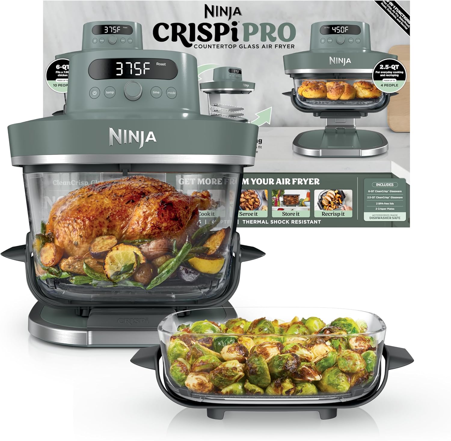Ninja Crispi Pro 6-in-1 Glass Air Fryer | With Nontoxic, 6qt & 2.5qt Containers & Lids | Microwave, Freezer, Dishwasher Safe | 450F Max Temp | 1800 Watt | Ash Grey | AS101DG Ninja Crispi Pro 6-in-1 Glass Air Fryer | With Nontoxic, 6qt & 2.5qt Containers & Lids | Microwave, Freezer, Dishwasher Safe | 450F Max Temp | 1800 Watt | Ash Grey | AS101DG