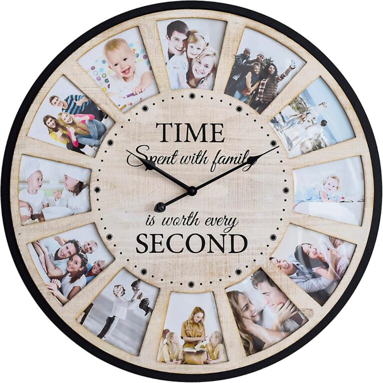 12 Photo Collage Rustic Wood Farmhouse Wall Clock, Large Family Picture Wall Clock for Living Room, Home, Kitchen, Silent Battery Powered 24 Inch Natural