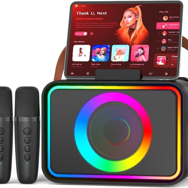 Karaoke Machine,Portable Bluetooth Speaker with 2 Wireless Microphone for Adults & Kids with LED Lights, Karaoke Microphone,Supports USB/TF/AUX,Party (Black)