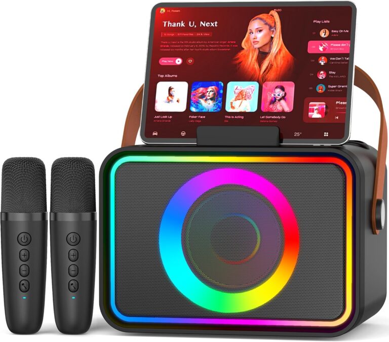 Karaoke Machine,Portable Bluetooth Speaker with 2 Wireless Microphone for Adults & Kids with LED Lights, Karaoke Microphone,Supports USB/TF/AUX,Party (Black)